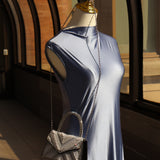 DRAPED NECKLINE SLEEVELESS MAXI DRESS