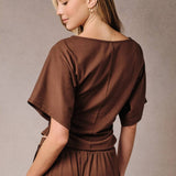 Wide Boat Neck Kimono Sleeve Ruched Waist Top, Cocoa