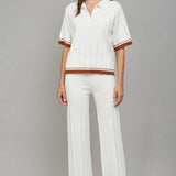 Contrast Trim Ribbed Knit Pants, Cream/Cognac