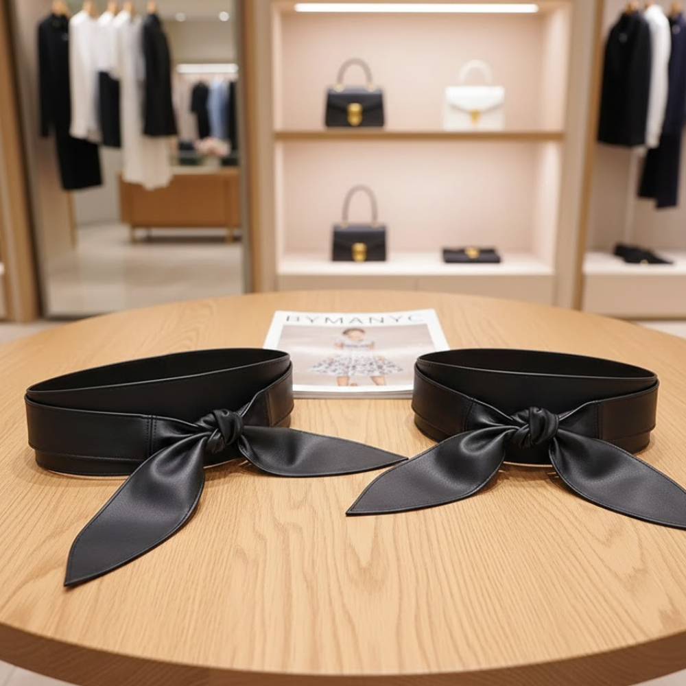 Black synthetic vegan leather wrap belt with an asymmetric design displayed on a wooden table.