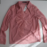 Elegant Lace Trim V Neck Long Sleeve Blouse Top
