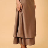 High Waist Double Layer Pull-On Bias Midi Skirt, Mocha