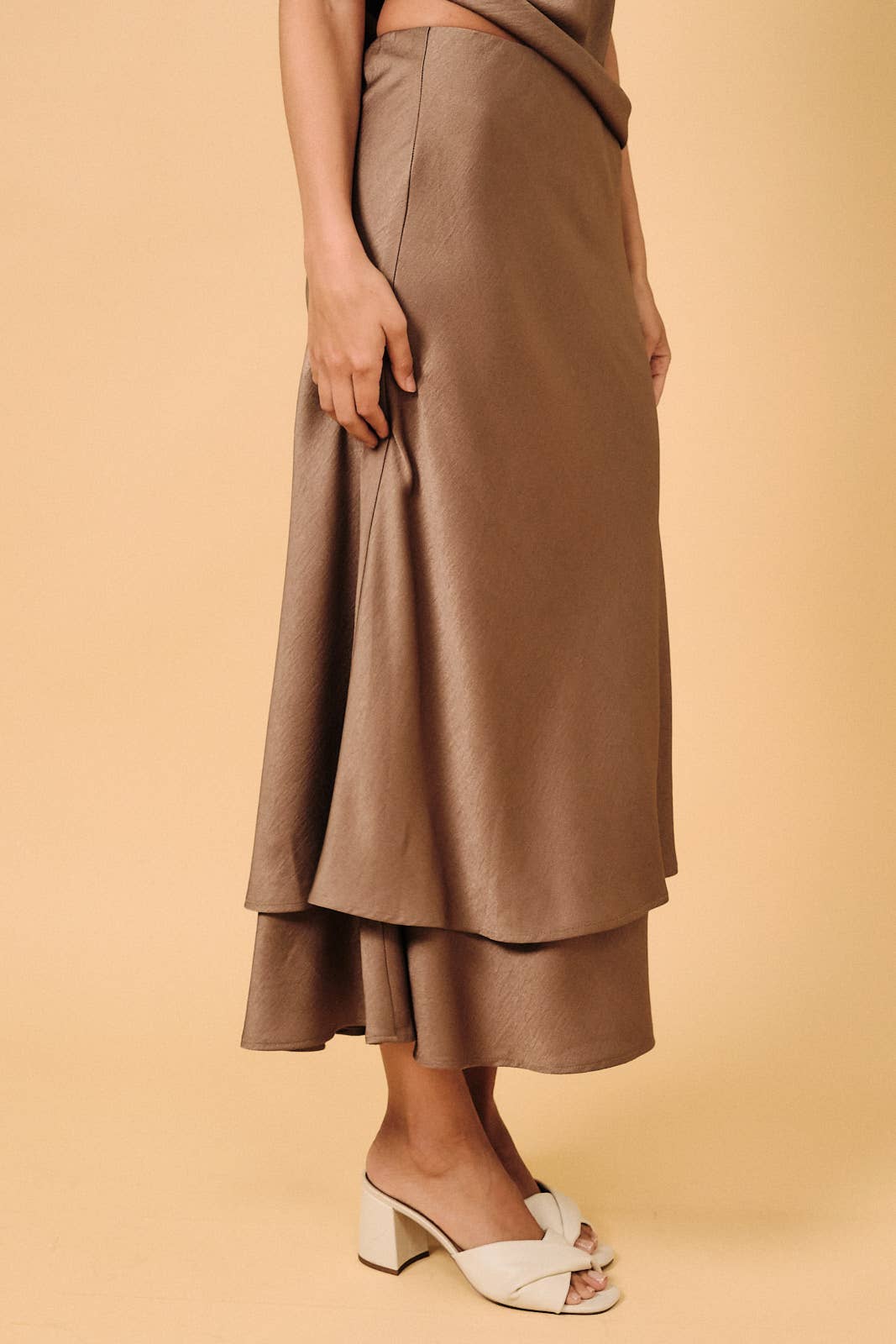 High Waist Double Layer Pull-On Bias Midi Skirt, Mocha