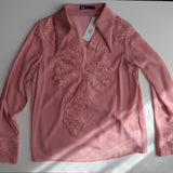 Elegant Lace Trim V Neck Long Sleeve Blouse Top