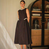 Pearl-Embellished Jacquard Midi Dress, Black