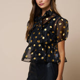 Sheer Polka Dot Babydoll Blouse, Black-Gold
