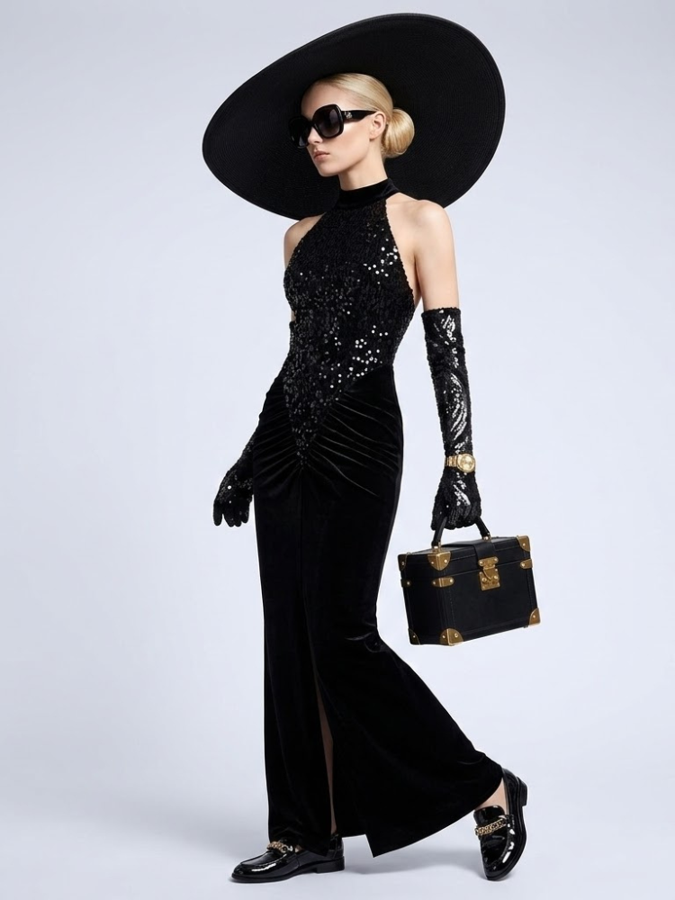 A woman wearing a black halter-style gown with sequins and a mermaid-cut skirt.