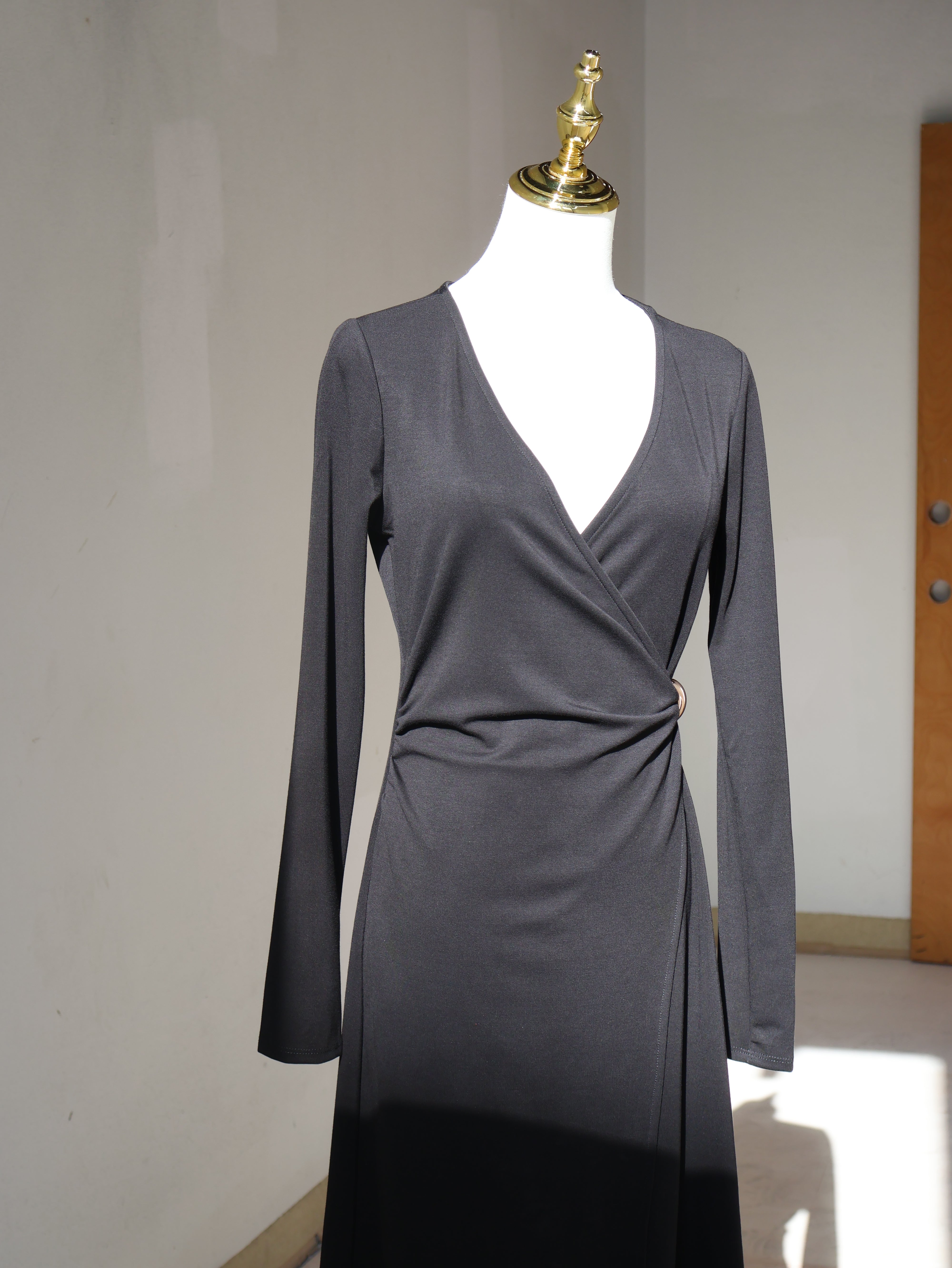 Black Wrap Midi V-Neck Dress