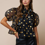 Sheer Polka Dot Babydoll Blouse, Black-Gold