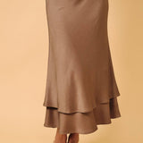 High Waist Double Layer Pull-On Bias Midi Skirt, Mocha