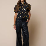 Sheer Polka Dot Babydoll Blouse, Black-Gold