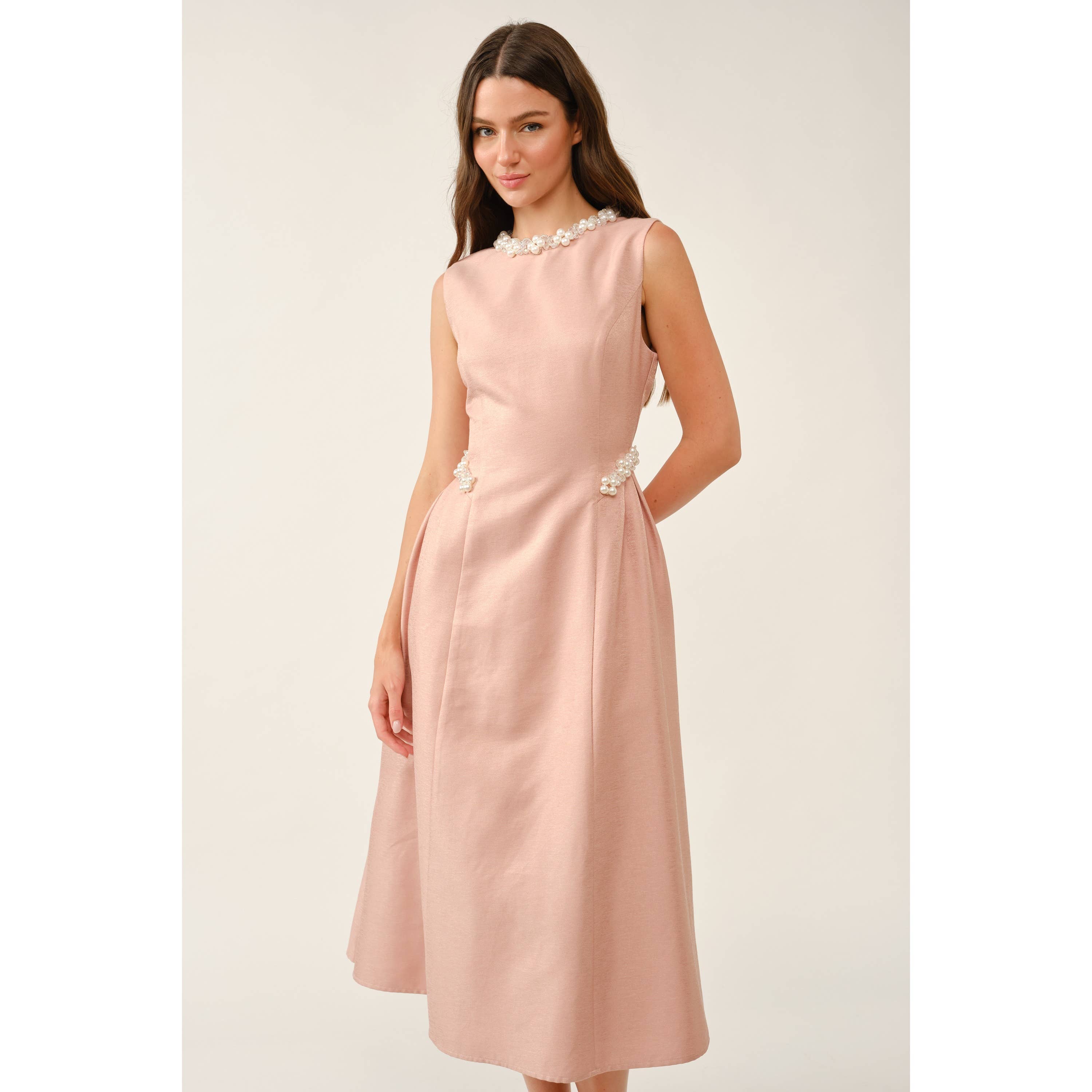 Pearl-Embellished Jacquard Midi Dress, Mauve